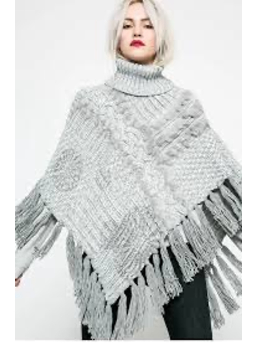 Desigual Gray Knit Turtleneck Poncho with Faux Fur Trim Womens One Size Boho
